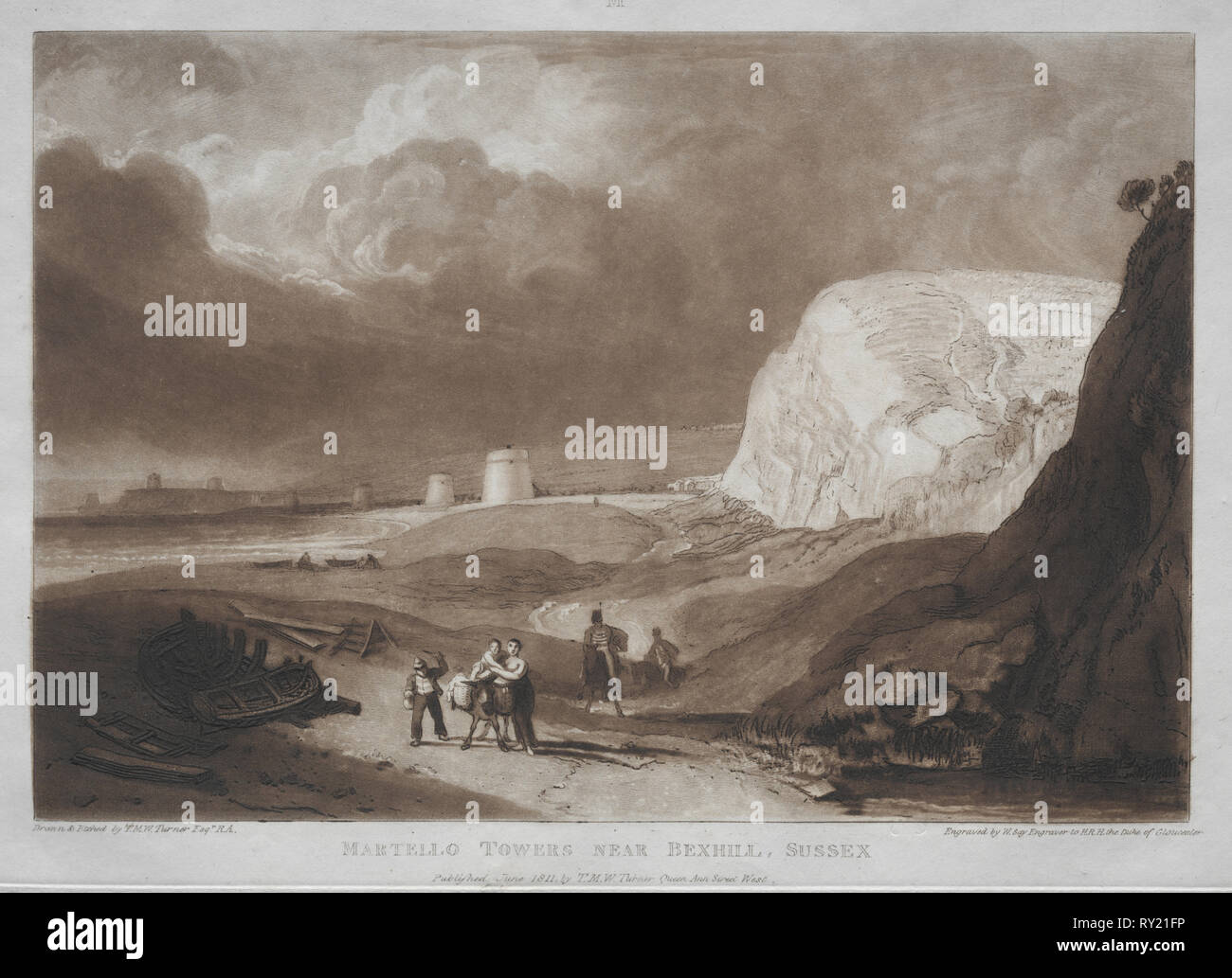 Liber Studiorum: Martello-türme, in der Nähe von Bexhill, Sussex. Joseph Mallord William Turner (British, 1775-1851). Ätzen und schabkunst Stockfoto