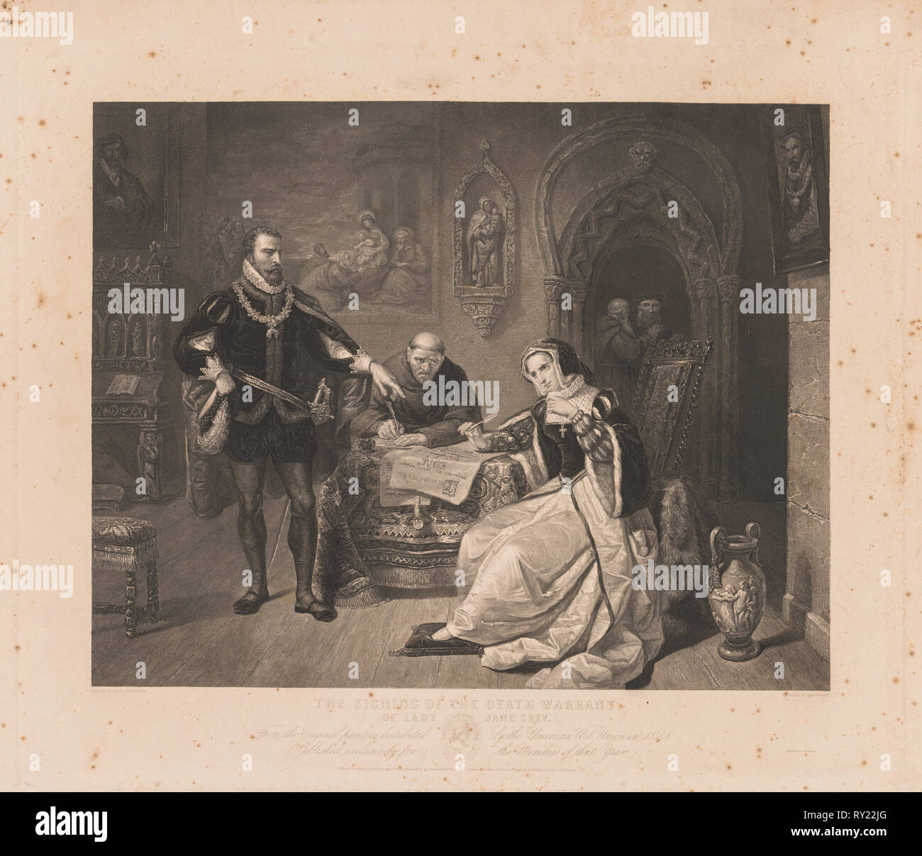 Unterzeichnung der Hinrichtungsbefehl von Lady Jane Grey. Charles Kennedy Burt (American, 1823-1892). Gravur Stockfoto