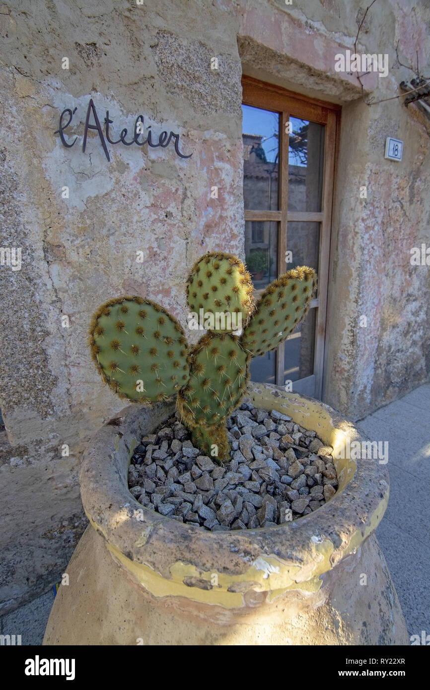 SAN PANTALEO, Sardinien, Italien - 3. MÄRZ 2019: L Atelier store Front mit Kaktus Pflanze in Terrakotta Topf an einem sonnigen Tag am 3. März 2019 in San Pantal Stockfoto