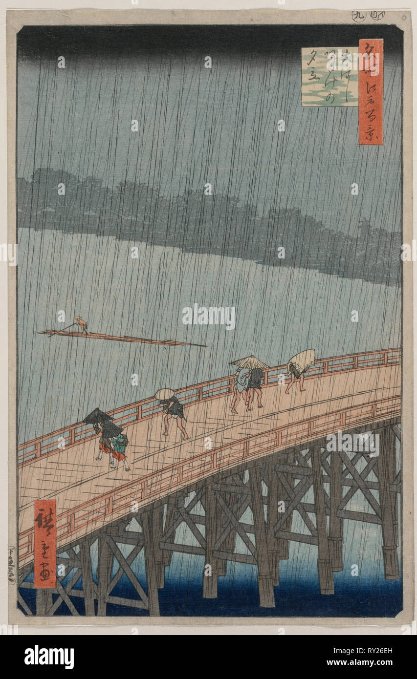 Plötzliche Dusche über Shin-Ōhashi Brücke und Atake, aus der Serie 100 berühmten Ansichten von Edo, 1857. Ando Hiroshige (Japanisch, 1797-1858). Farbe holzschnitt; Blatt: 35,3 x 23,2 cm (13 7/8 x 9 1/8 in. Stockfoto