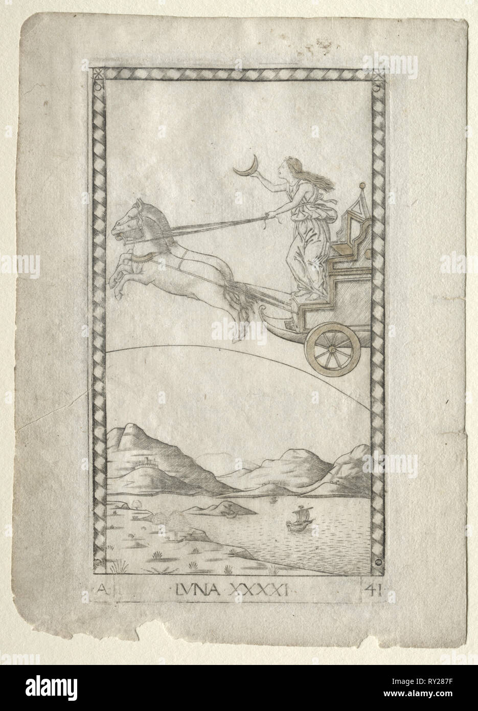 Luna (von der Tarocchi, Serie A: Himmel des Universums, Nr. 41), vor 1467. Meister der E-Serie - Tarocchi (italienisch, 15. Jahrhundert). Gravur Stockfoto