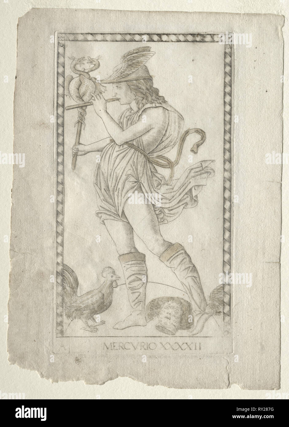 Quecksilber (aus der Tarocchi, Serie A: Himmel des Universums, Nr. 42), vor 1467. Meister der E-Serie - Tarocchi (italienisch, 15. Jahrhundert). Gravur Stockfoto