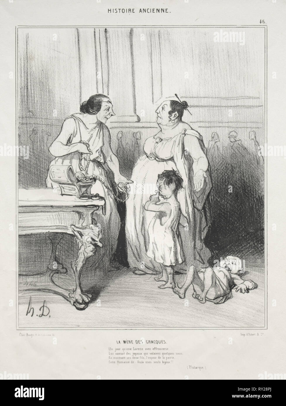 In le Charivari (Nr. du 23. Dezember 1842): Alte Geschichte, Platte 46: Die Mutter der Gracchen, 1842 veröffentlicht. Honoré Daumier (Französisch, 1808-1879), Aubert. Lithographie; Blatt: 34,2 x 26,4 cm (13 5/6 x 10 3/8 in.); Bild: 24 x 19,8 cm (9 7/16 x 7 13/16-in Stockfoto