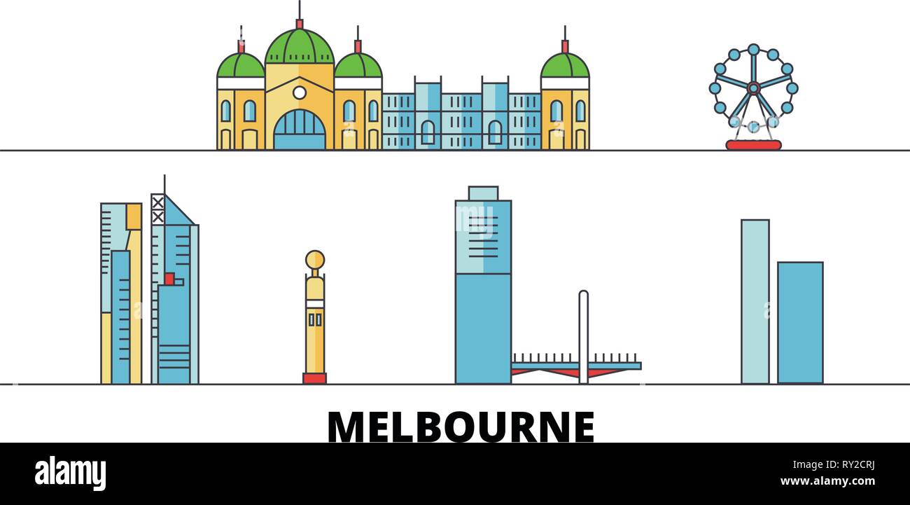 Australien, Melbourne City Flat Wahrzeichen Vector Illustration. Australien, Melbourne City Line Stadt mit berühmten reisen Sehenswürdigkeiten, Skyline, Design. Stock Vektor