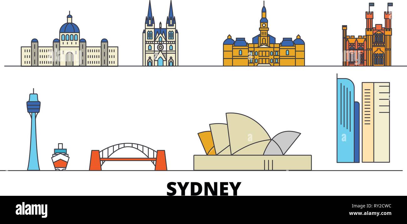 Australien, Sydney flachbild Wahrzeichen Vector Illustration. Australien, Sydney die Stadt mit dem berühmten reisen Sehenswürdigkeiten, Skyline, Design. Stock Vektor