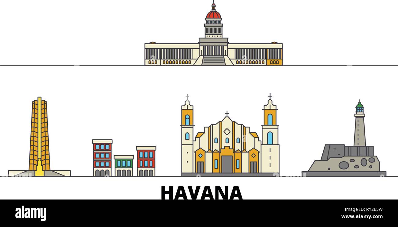 Kuba, Havanna flachbild Wahrzeichen Vector Illustration. Kuba, Havanna Linie Stadt mit berühmten reisen Sehenswürdigkeiten, Skyline, Design. Stock Vektor