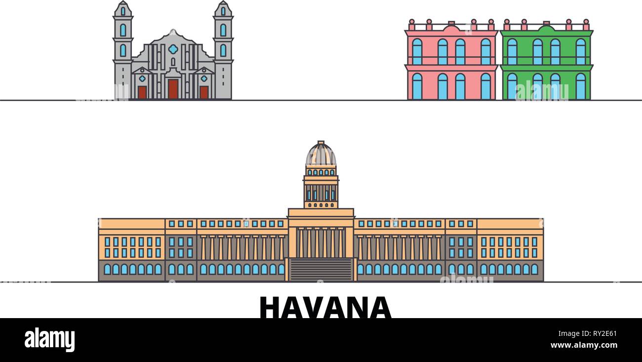 Kuba, Havanna City Flat Wahrzeichen Vector Illustration. Kuba, Havanna City Line Stadt mit berühmten reisen Sehenswürdigkeiten, Skyline, Design. Stock Vektor