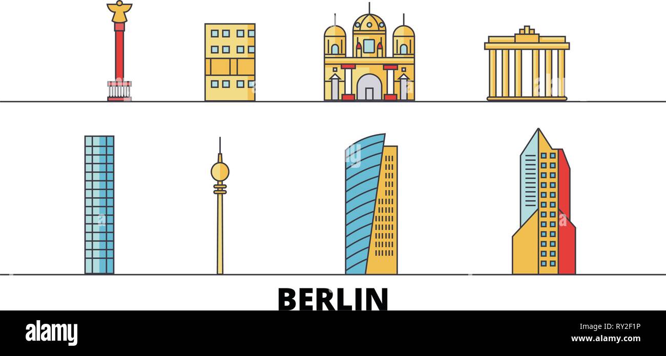 Deutschland, Berlin City Flat Wahrzeichen Vector Illustration. Deutschland, Berlin City Line Stadt mit berühmten reisen Sehenswürdigkeiten, Skyline, Design. Stock Vektor