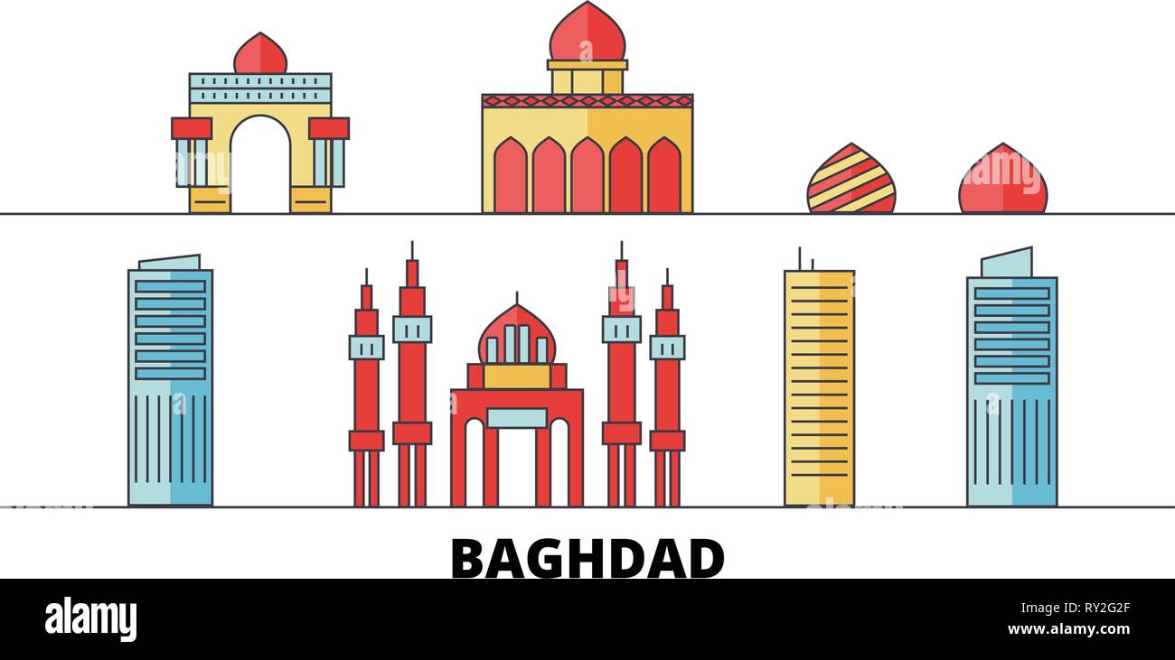 Irak, Bagdad flachbild Wahrzeichen Vector Illustration. Irak, Bagdad die Stadt mit dem berühmten reisen Sehenswürdigkeiten, Skyline, Design. Stock Vektor