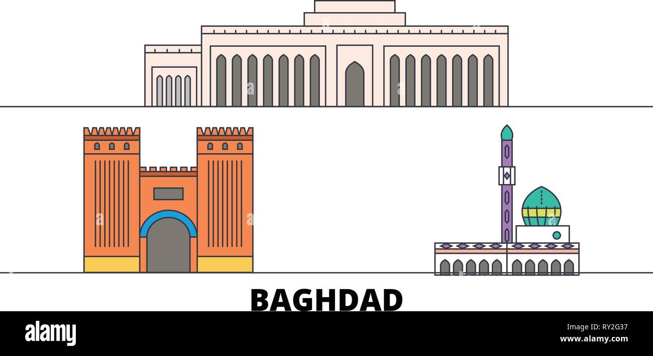 Irak, Bagdad City Flat Wahrzeichen Vector Illustration. Irak, Bagdad City Line Stadt mit berühmten reisen Sehenswürdigkeiten, Skyline, Design. Stock Vektor