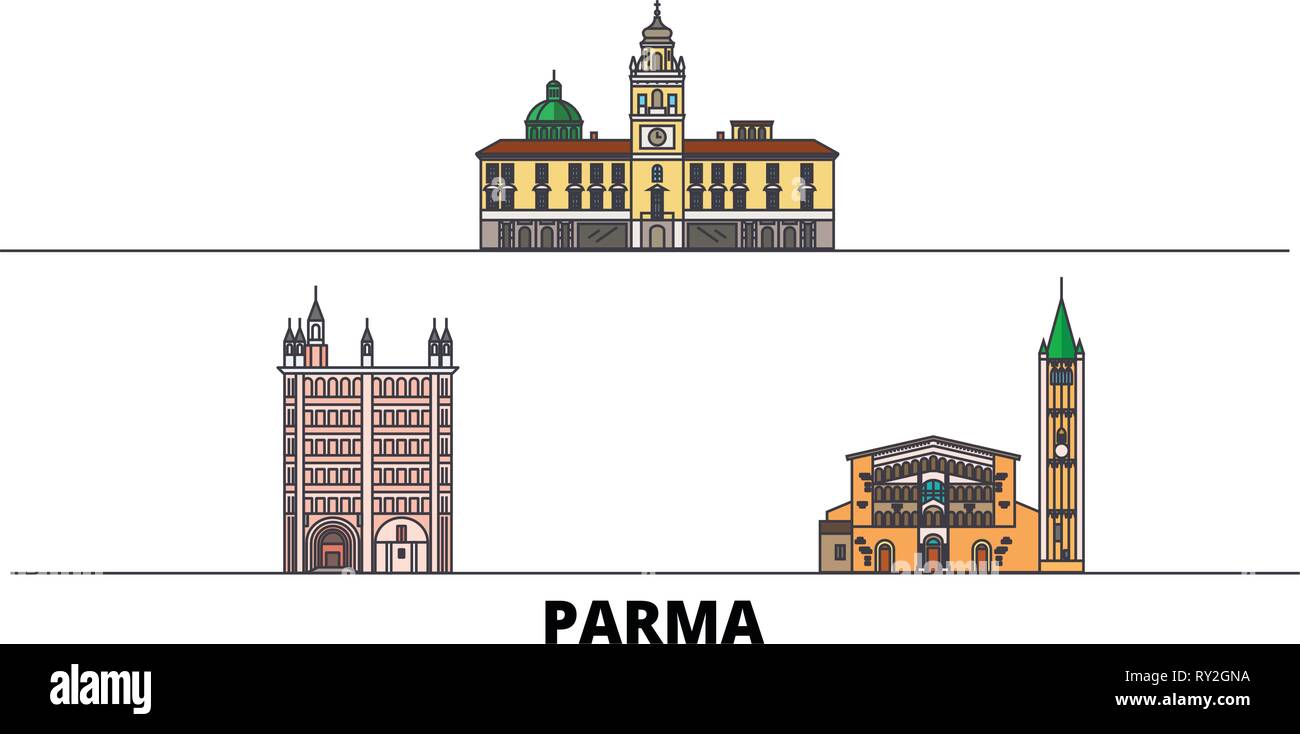 Italien, Parma flachbild Wahrzeichen Vector Illustration. Italien, Parma Linie Stadt mit berühmten reisen Sehenswürdigkeiten, Skyline, Design. Stock Vektor