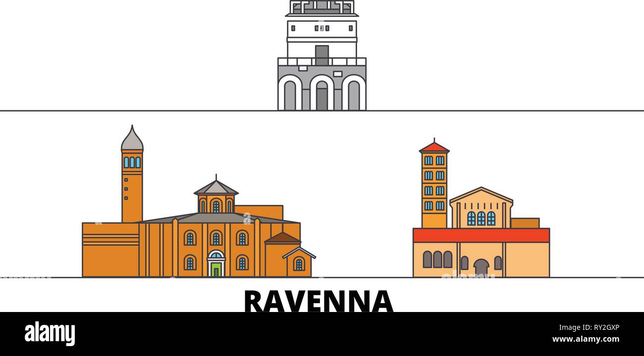 Italien, Ravenna City Flat Wahrzeichen Vector Illustration. Italien, Ravenna City Line Stadt mit berühmten reisen Sehenswürdigkeiten, Skyline, Design. Stock Vektor