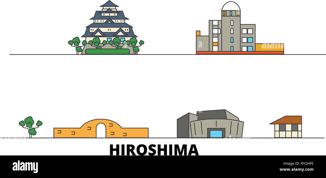 Japan, Hiroshima flachbild Wahrzeichen Vector Illustration. Japan, Hiroshima, die Stadt mit dem berühmten reisen Sehenswürdigkeiten, Skyline, Design. Stock Vektor