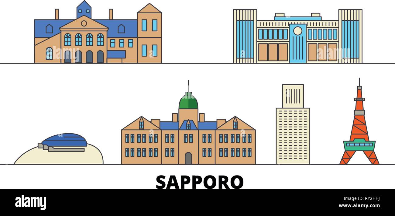 Japan, Sapporo flachbild Wahrzeichen Vector Illustration. Japan, Sapporo Linie Stadt mit berühmten reisen Sehenswürdigkeiten, Skyline, Design. Stock Vektor