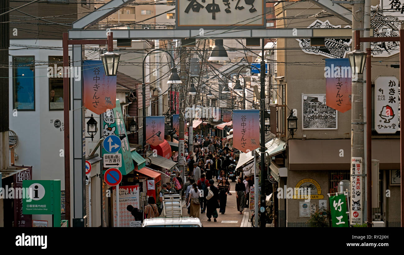 Tokyo, Japan - 15. Oktober 2018: Neon Schilder und Schaufenster, Schilder und Straße Kabel von Downtown Tokyo in Japan. Stockfoto
