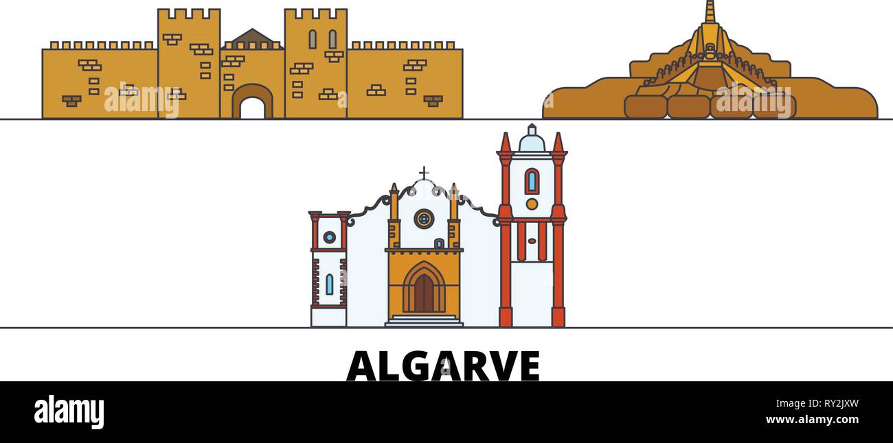 Portugal, Algarve flachbild Wahrzeichen Vector Illustration. Portugal, Algarve line Stadt mit berühmten reisen Sehenswürdigkeiten, Skyline, Design. Stock Vektor