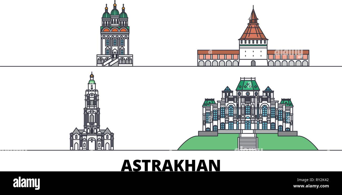 Russland, Astrachan flachbild Wahrzeichen Vector Illustration. Russland, Astrachan Linie Stadt mit berühmten reisen Sehenswürdigkeiten, Skyline, Design. Stock Vektor