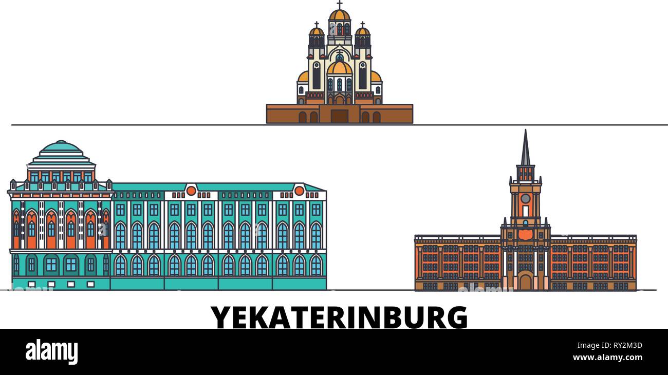 Russland, Ekaterinburg City Flat Wahrzeichen Vector Illustration. Russland, Ekaterinburg City Line Stadt mit berühmten reisen Sehenswürdigkeiten, Skyline, Design. Stock Vektor