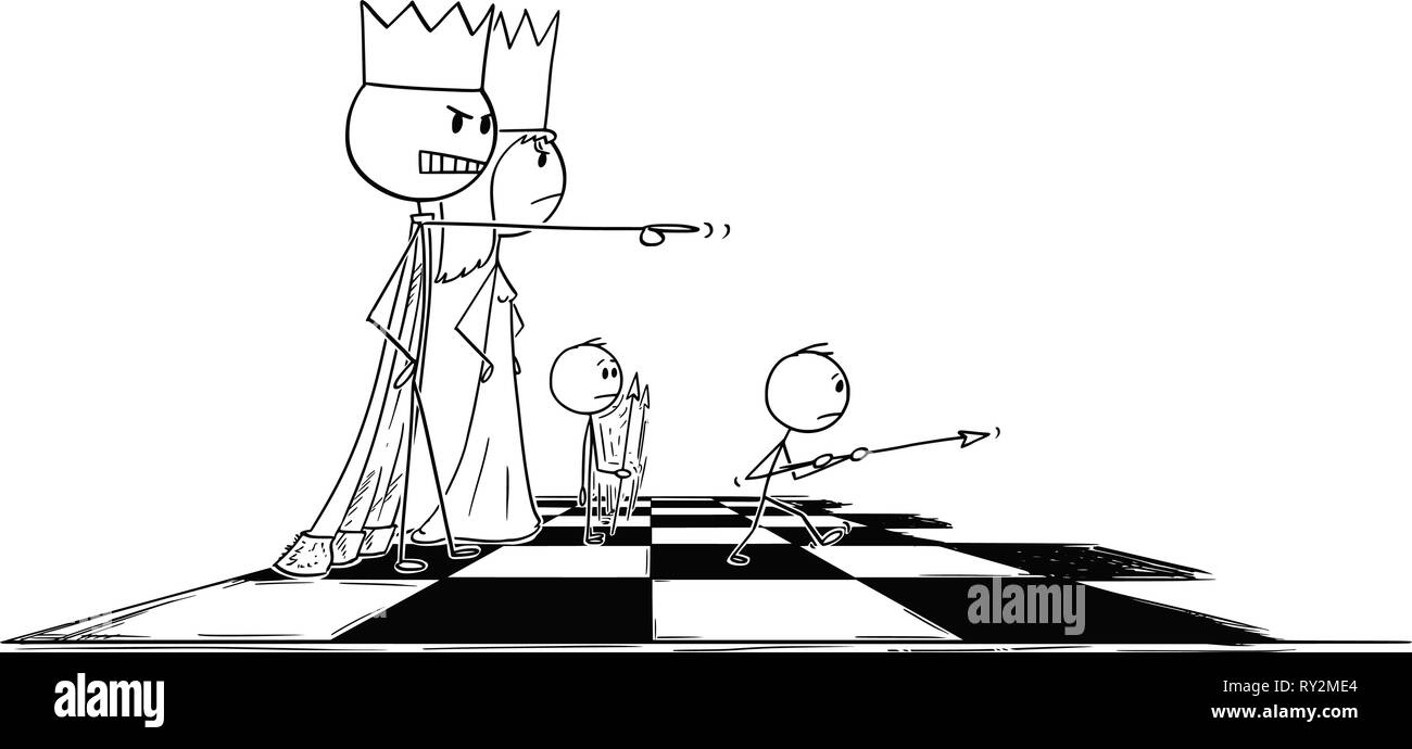 Cartoon von Big Chess King senden kleine Spielfigur Abbildung zu kämpfen Stock Vektor
