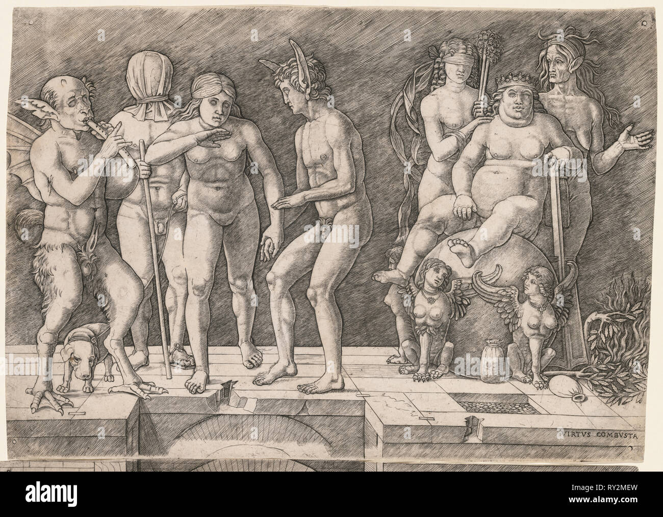 Allegorie auf den Fall der unwissenden Menschheit: Virtus Combusta, C. 1500-1505. Giovanni Antonio da Brescia (Italienisch), nach Andrea Mantegna (Italienisch, 1431-1506). Gravur auf zwei Seiten gedruckt Stockfoto