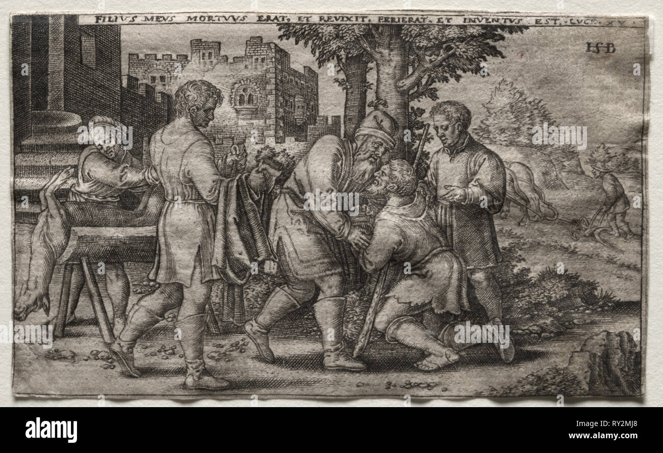 Die Rückkehr des verlorenen Sohnes, 1500 s (?). Deutschland, 16. Jahrhundert (?). Gravur Stockfoto