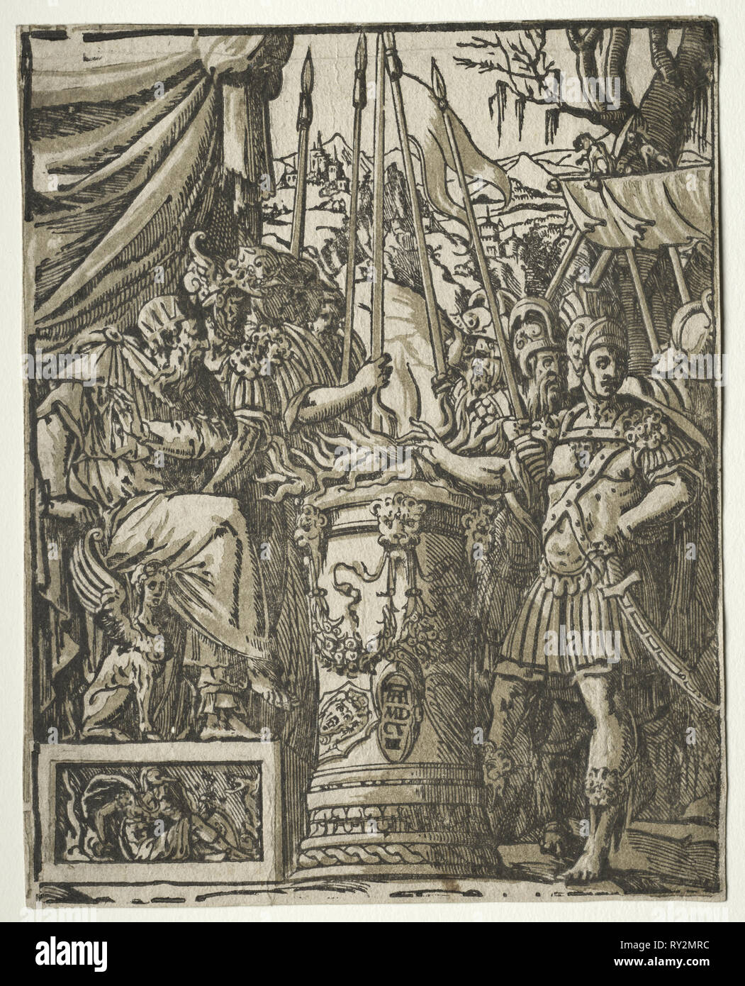 Mucius Scaevola, 1608. Nachdem Andrea Andreani (Italienisch, ca. 1558 - 1610), der nach Balthasar Peruzzi (Italienisch, 1481-1536). Chiaroscuro Holzschnitt Stockfoto