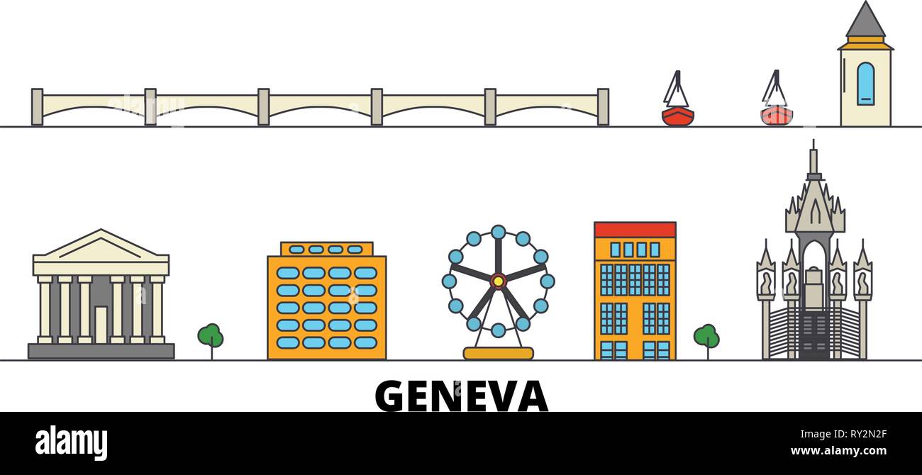Schweiz, Genf flachbild Wahrzeichen Vector Illustration. Schweiz, Genf die Stadt mit dem berühmten reisen Sehenswürdigkeiten, Skyline, Design. Stock Vektor