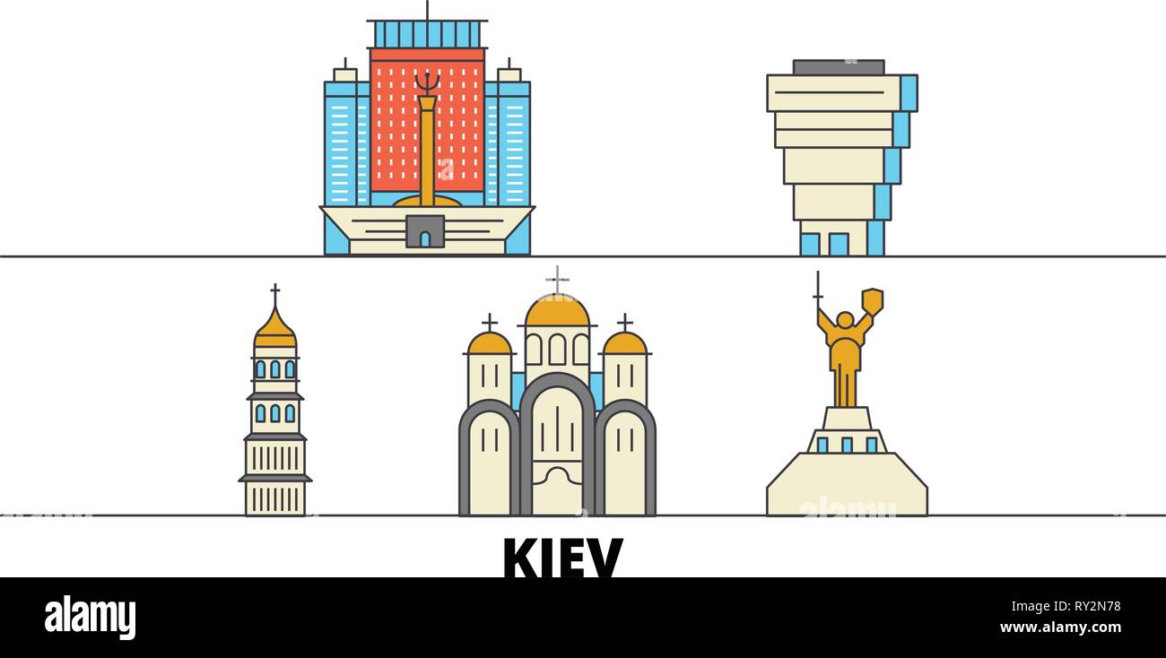 Ukraine, Kiew flachbild Wahrzeichen Vector Illustration. Ukraine, Kiew die Stadt mit dem berühmten reisen Sehenswürdigkeiten, Skyline, Design. Stock Vektor