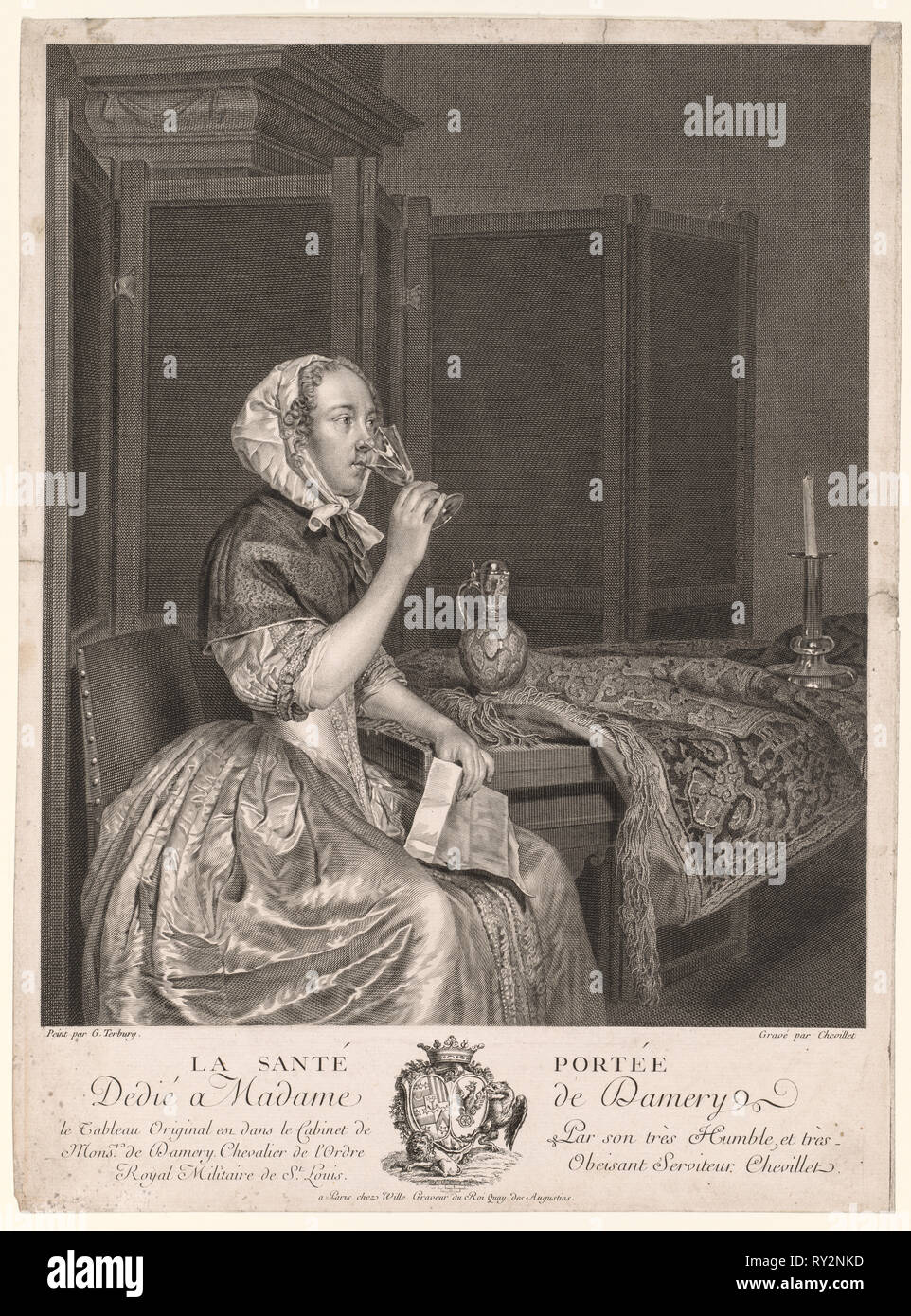 Trinkt ein Toast. Gerard Ter Borch (Niederländisch, 1617-1681), Justus Chevillet (Französisch, 1729-1802). Gravur Stockfoto