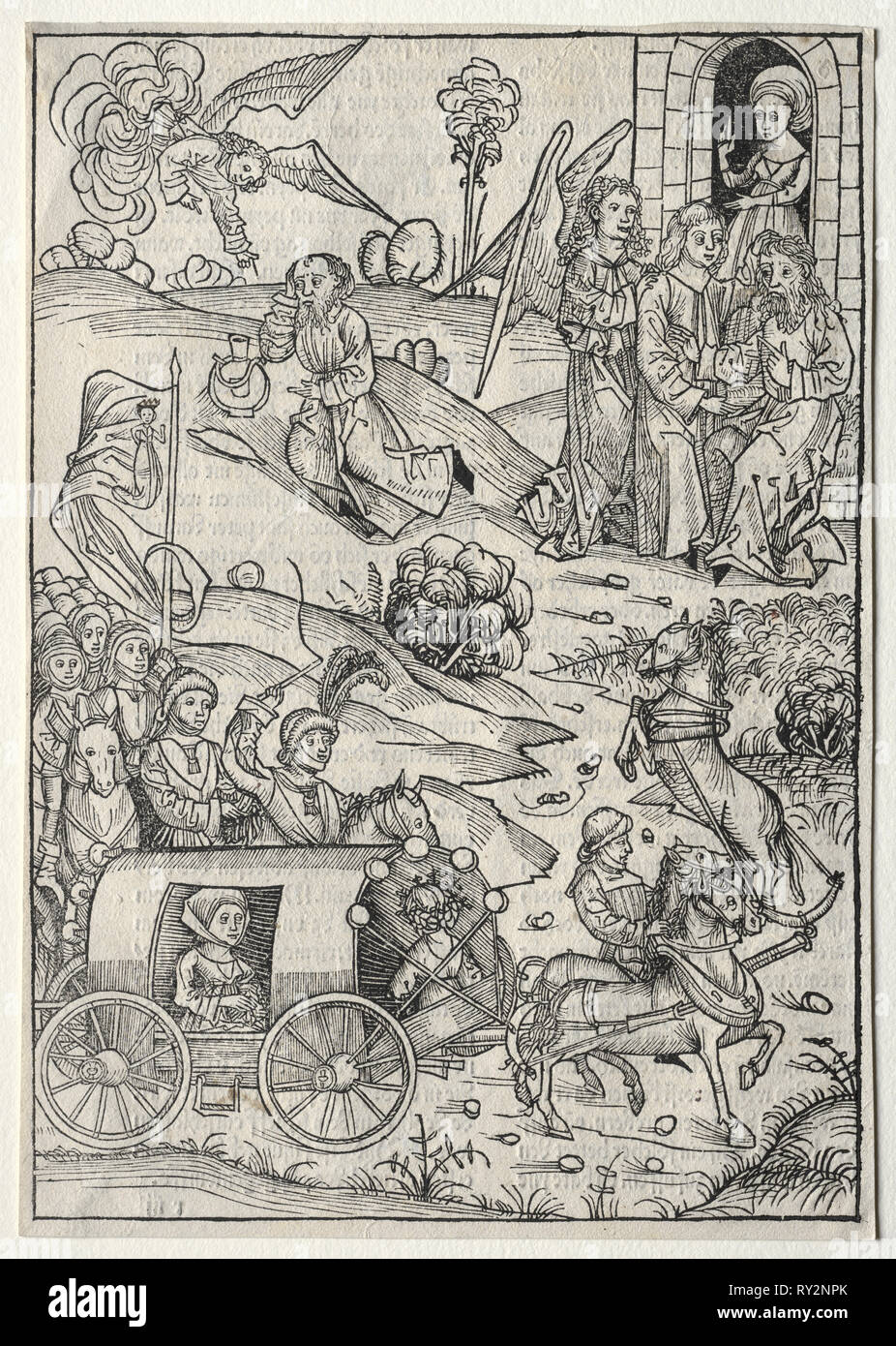 Der schatzbehalter: Die Rückkehr von Tobias zu Tobit; die Ankunft von Tobias' Frau; der Engel, Essen und Trinken zu Elia in der Wüste, 1491. Michael Wolgemut (Deutsch, 1434-1519). Holzschnitt Stockfoto