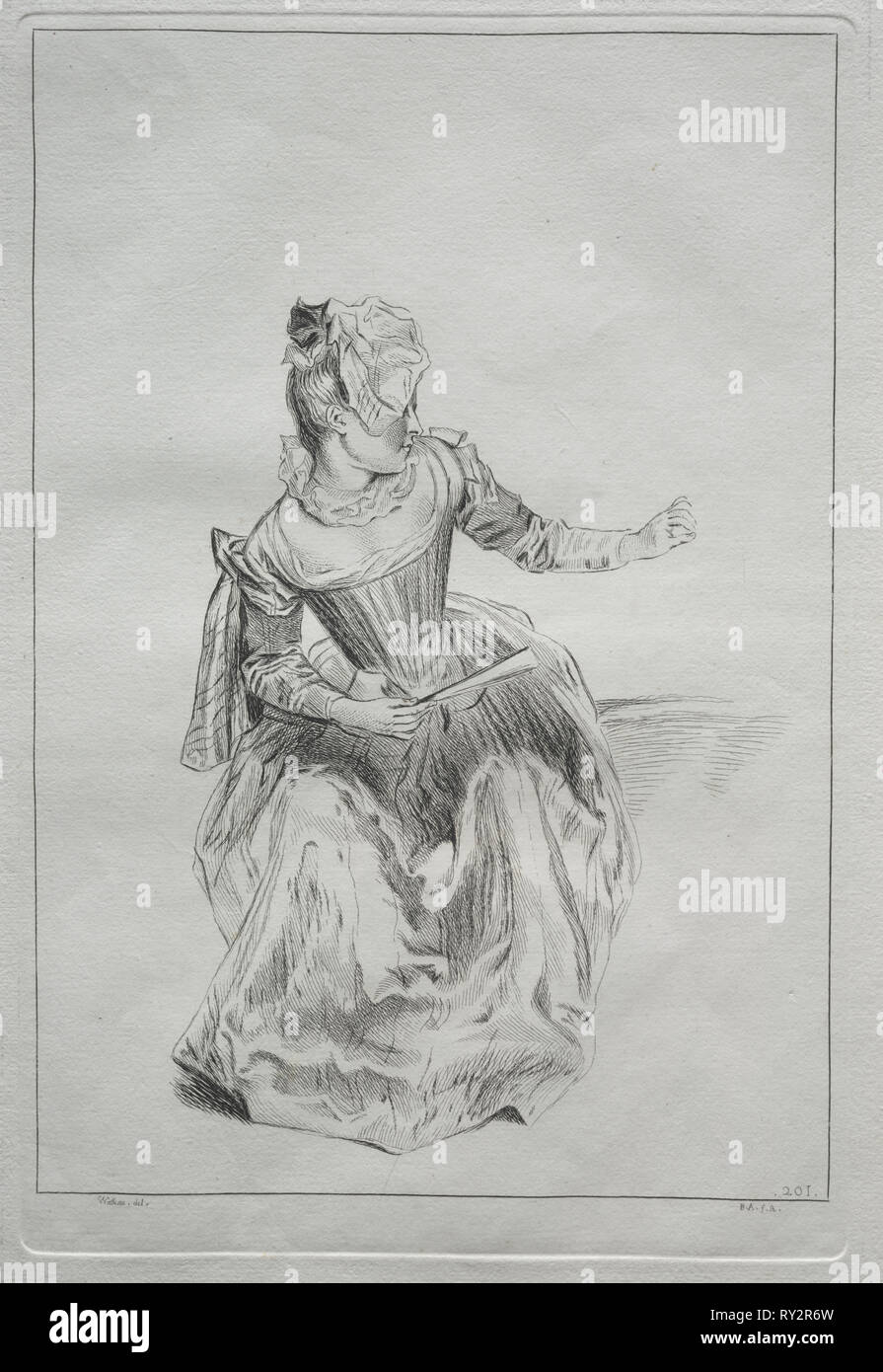 Frau mit einem Ventilator. Möglicherweise durch Benoit II Audran (Französisch, 1700-1772), nach Jean Antoine Watteau (Französisch, 1684-1721). Ätzen Stockfoto