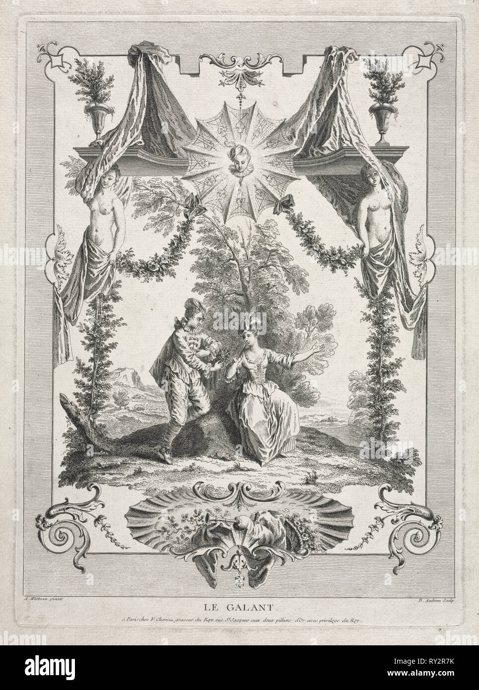 Die Galanten. Benoit II Audran (Französisch, 1700-1772), nach Jean Antoine Watteau (Französisch, 1684-1721). Gravur; Plattenrand: 39,1 x 28,4 cm (15 3/8 x 11 3/16 in. Stockfoto
