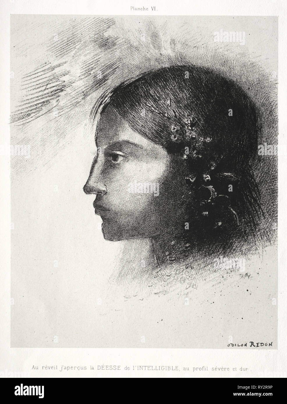 Hommage an Goya: Beim Erwachen ich beobachtet das harte und schwere Profil eines intelligenten Göttin, 1885. Odilon Redon (Französisch, 1840-1916). Lithographie Stockfoto