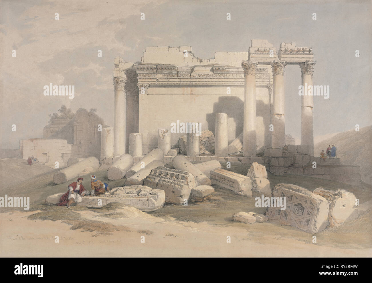 Ruinen der östlichen Vorhalle des Tempels von Baalbec, 1839. David Roberts (British, 1796-1864). Farblithographie Stockfoto