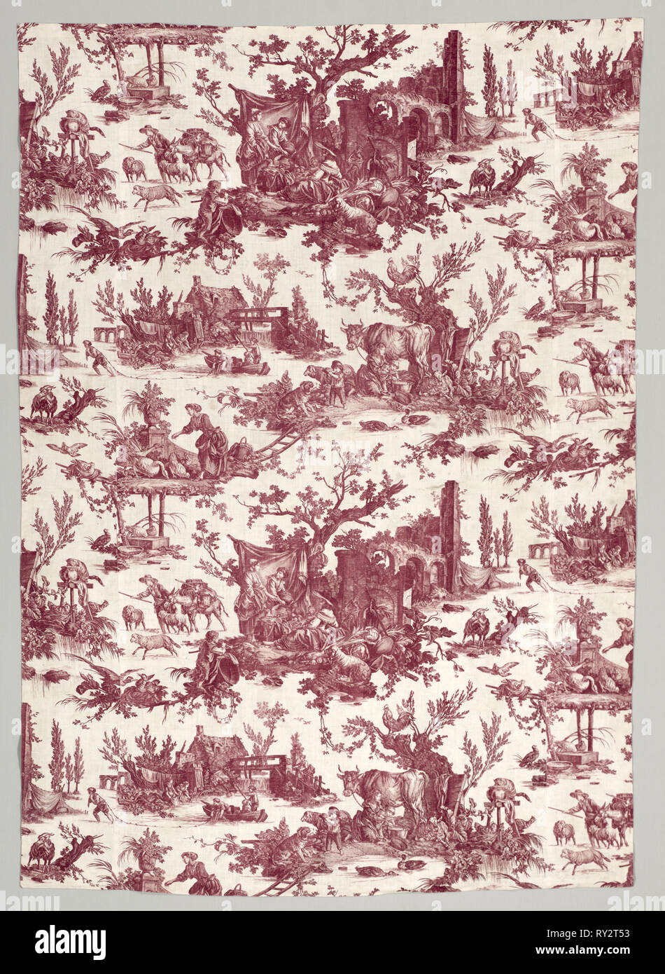 Streifen der Kupferstich bedrucktem Baumwollstoff mit 'Les plaisirs de la ferme' Design, 1785-1790. Firma Christophe Philippe Oberkampf (Französisch, 1738-1815), Jean-Baptiste Marie Hüet (Französisch, 1745-1811). Kupferstich bedruckte Baumwolle; gesamt: 196,9 x 139,7 cm (77 1/2 x 55 in Stockfoto