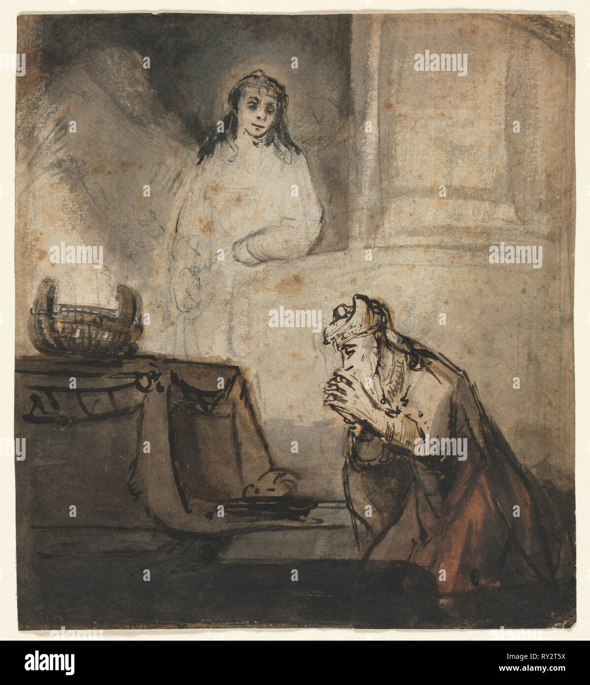 Engel zu Zacharias, im dritten Quartal 1600. Samuel van Hoogstraten (Niederländisch, 1627-1678). Rohrfeder und braune und schwarze Tusche und Pinsel und Braun, Grau und Rot waschen, über Schwarze Kreide; Blatt: 17,1 x 15,5 cm (6 3/4 x 6 1/8 in. Stockfoto