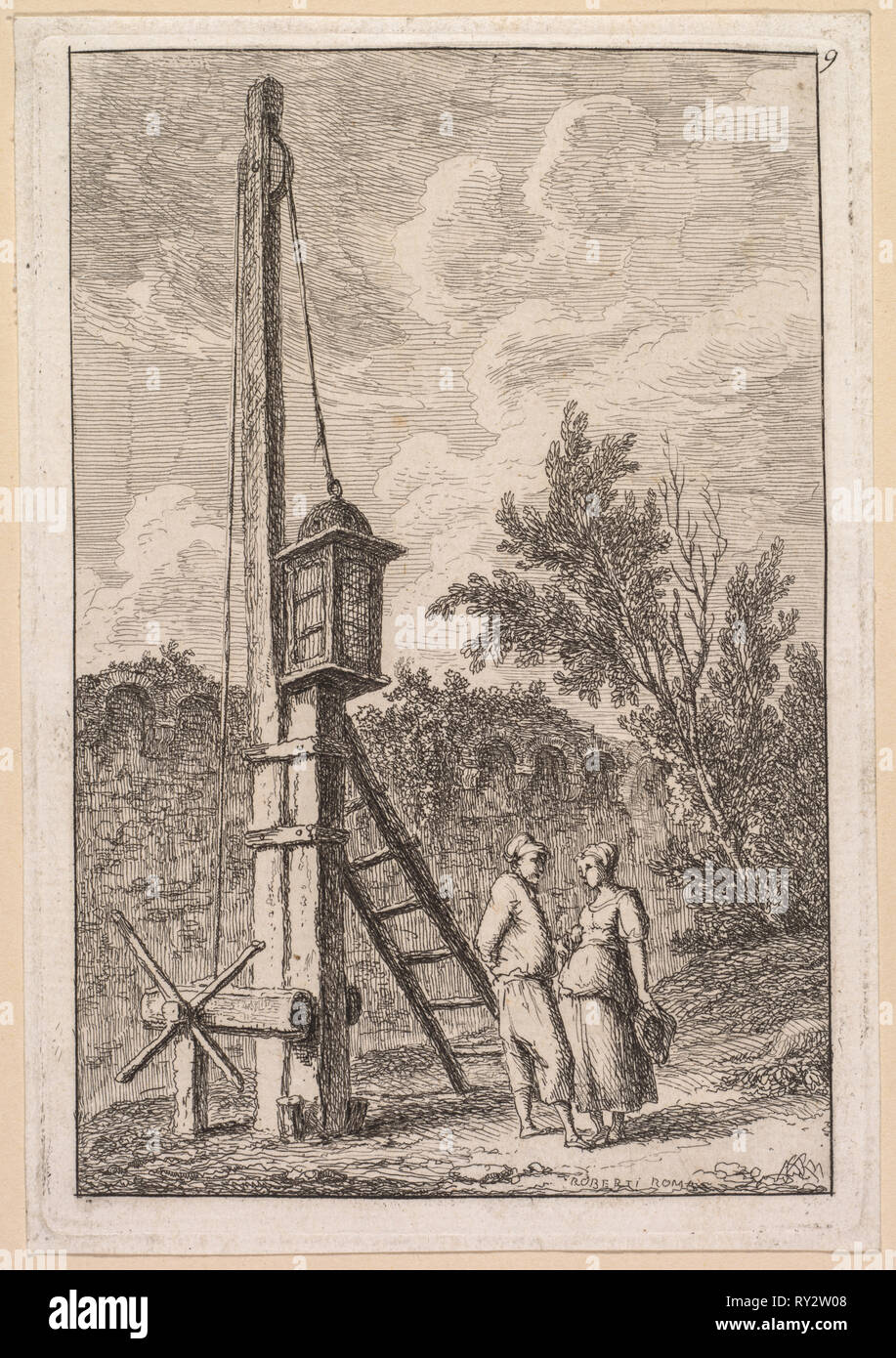 Les soirées de Rome: Le Poteau, 1763-1764. Hubert Robert (Französisch, 1733-1808). Ätzen Stockfoto