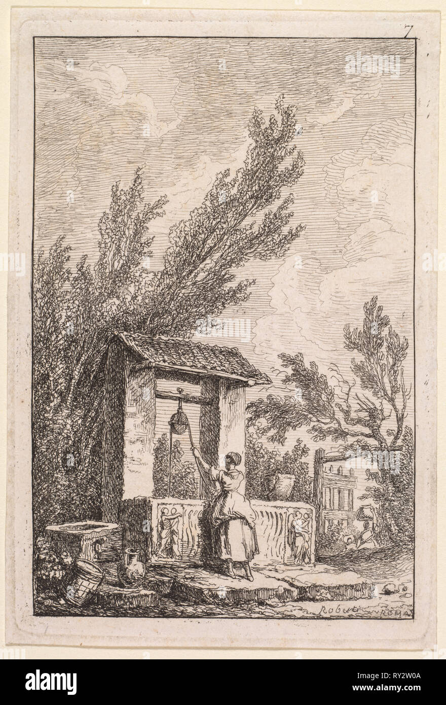 Les soirées de Rom: Le Puits, 1763-1764. Hubert Robert (Französisch, 1733-1808). Ätzen Stockfoto