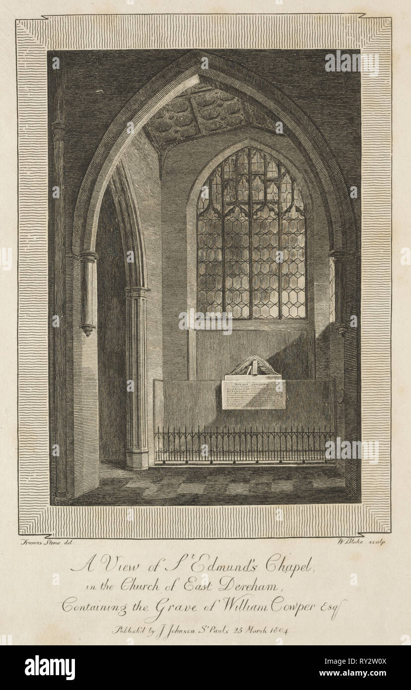 Blick auf St. Edmund's Kapelle in der Kirche von East Dereham, mit dem Grab von William Cowper Esquire, 1804. William Blake (British, 1757-1827). Gravur Stockfoto