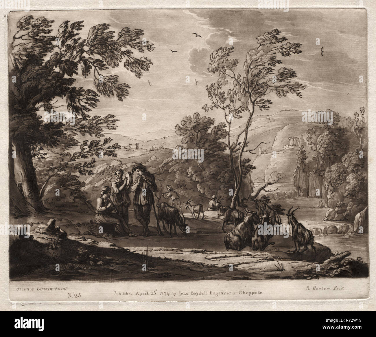 Liber Veritatis: Nr. 25, der Bergigen und bewaldeten Landschaft mit Hirten spielen und Ziegen grasen, 1774. Richard Earlom (British, 1743-1822). Ätzen und schabkunst Stockfoto