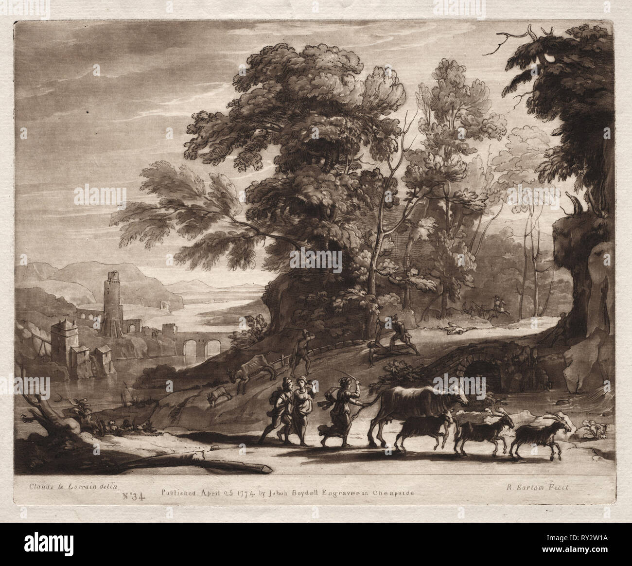 Liber Veritatis: Nr. 34, Bauern mit Rindern durch Banditen, 1774 angegriffen. Richard Earlom (British, 1743-1822). Ätzen und schabkunst Stockfoto