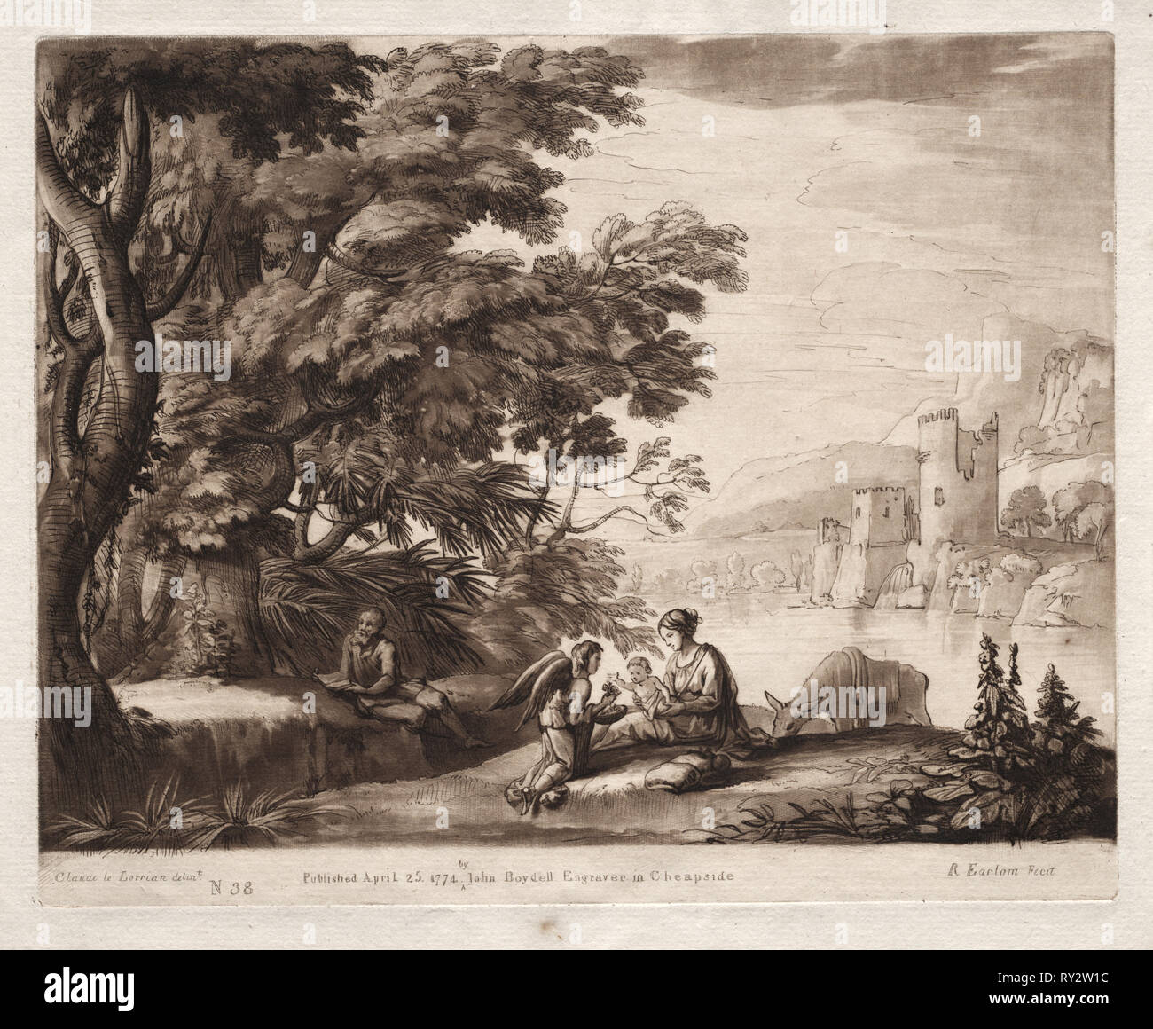Liber Veritatis: Nr. 38, die Ruhe der heiligen Familie entlang eines Flusses, 1774. Richard Earlom (British, 1743-1822). Ätzen und schabkunst Stockfoto