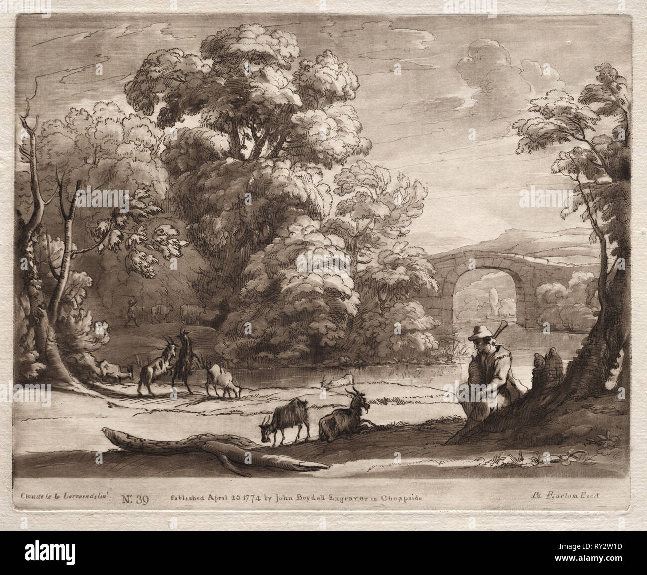 Liber Veritatis: Nr. 39, eine Landschaft mit Hirt Spielen ein Dudelsack und Ziegen grasen, 1774. Richard Earlom (British, 1743-1822). Ätzen und schabkunst Stockfoto