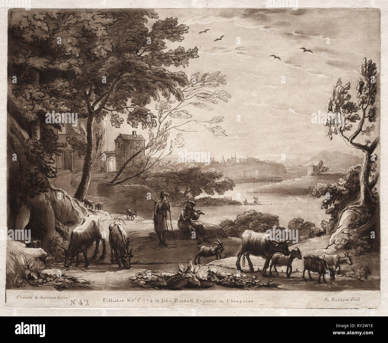 Liber Veritatis: Nr. 42, eine Flusslandschaft mit einem Schäfer und Schäferin und eine Herde von Rindern, 1774. Richard Earlom (British, 1743-1822). Ätzen und schabkunst Stockfoto