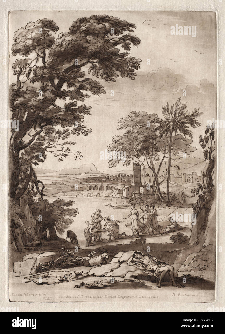 Liber Veritatis: Nr. 47, ein Fluss, der Szene mit der Diagnose von Moses, 1774. Richard Earlom (British, 1743-1822). Ätzen und schabkunst Stockfoto