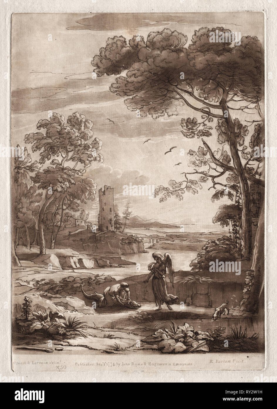 Liber Veritatis: Nr. 50, ein Fluss, der Szene mit Tobias und der Engel, 1774. Richard Earlom (British, 1743-1822). Ätzen und schabkunst Stockfoto