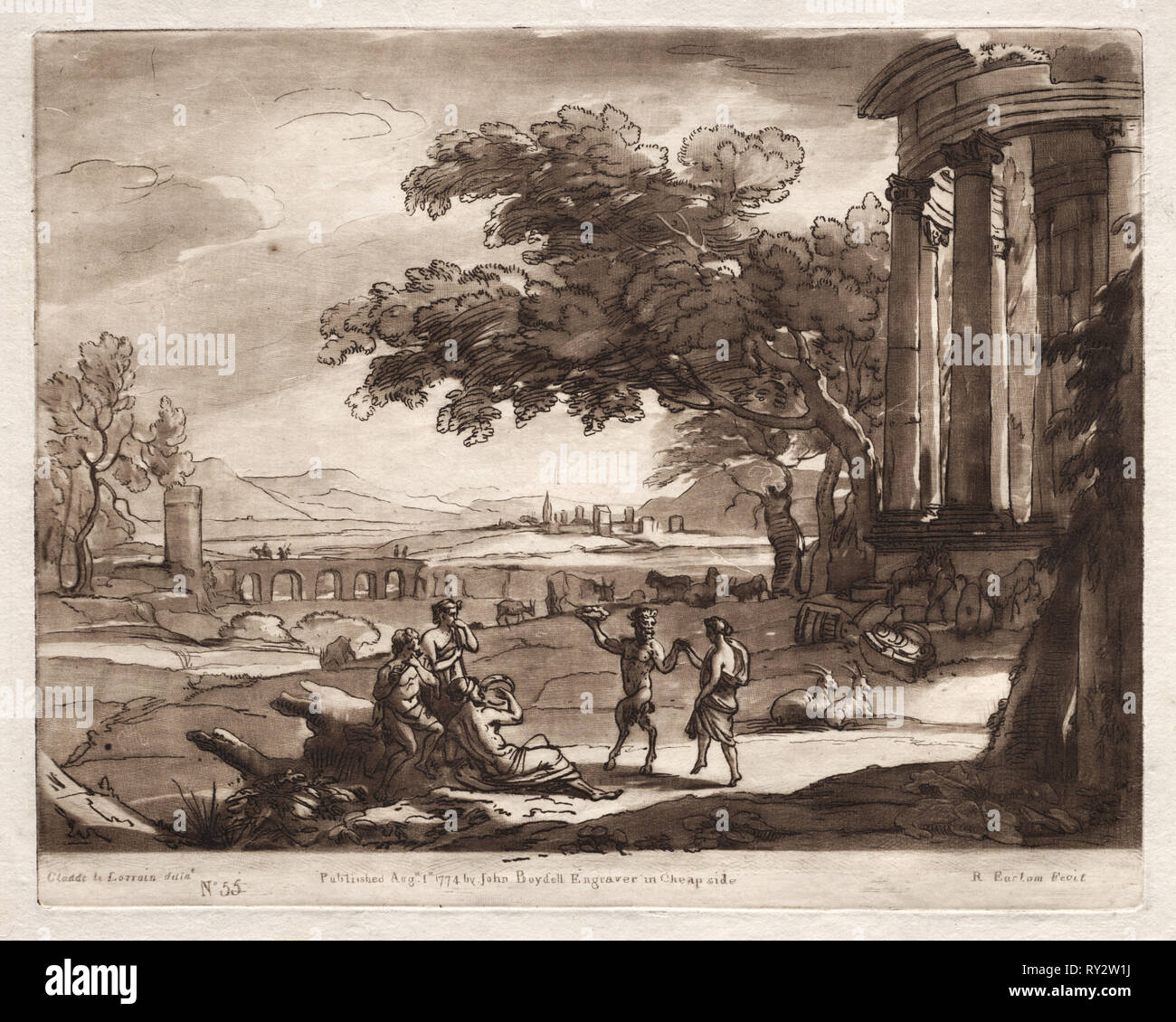 Liber Veritatis: Nr. 55, eine Landschaft mit einem Tempel und eine Nymphe und Satyr Tanzen, 1774. Richard Earlom (British, 1743-1822). Ätzen und schabkunst Stockfoto