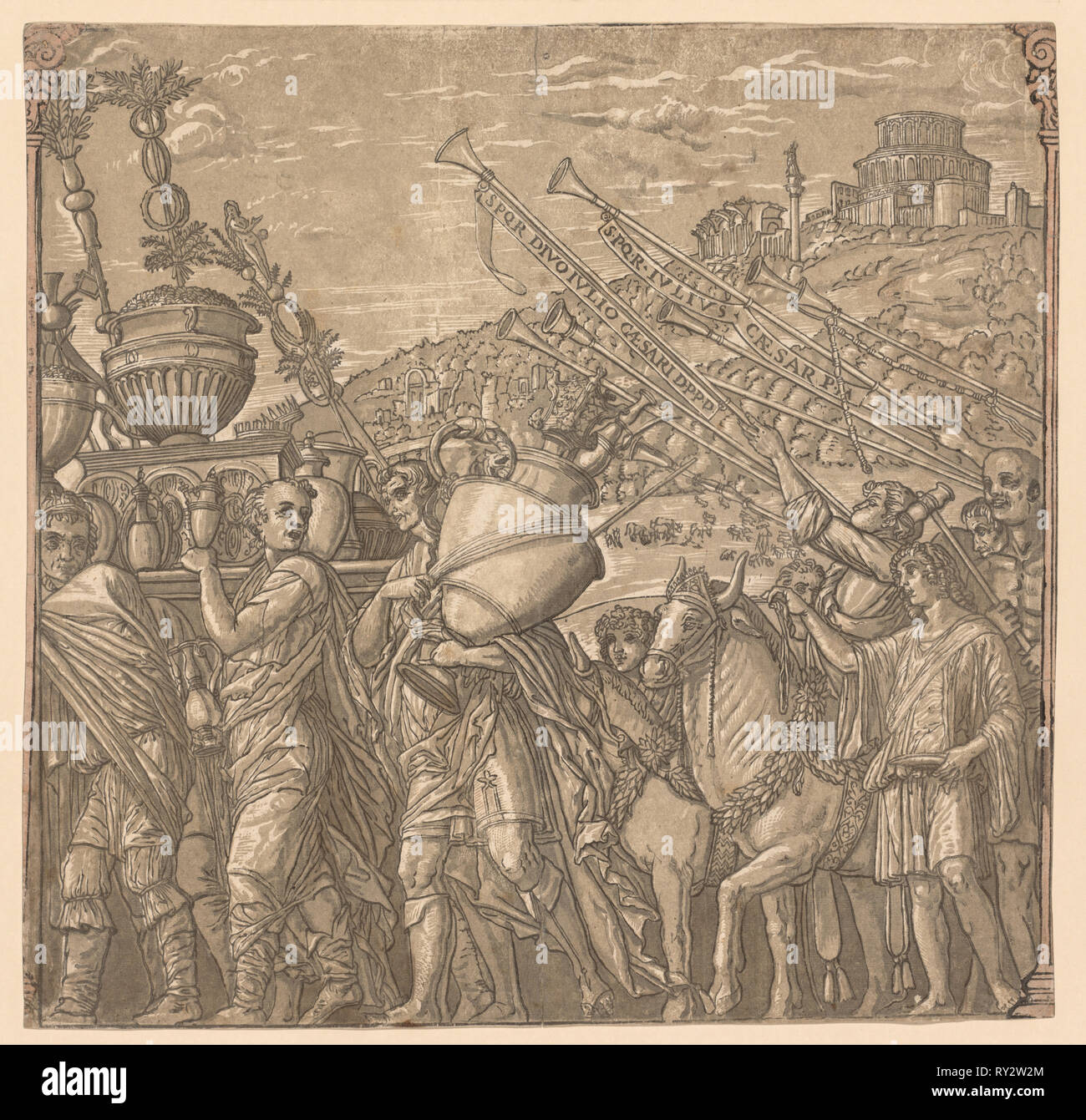 Der Triumph des Julius Caesar: Soldaten, die Vasen, 1593-99. Andrea Andreani (Italienisch, ca. 1558 - 1610), der nach Andrea Mantegna (Italienisch, 1431-1506). Chiaroscuro Holzschnitt Stockfoto
