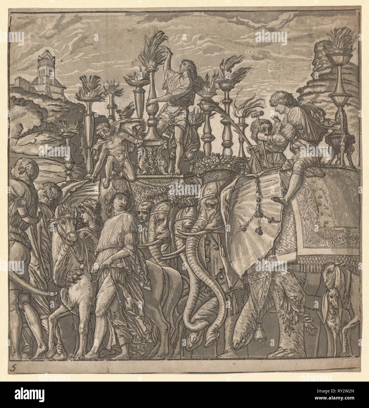 Der Triumph des Julius Caesar: Elefanten mit Fackeln, 1593-99. Andrea Andreani (Italienisch, ca. 1558 - 1610), der nach Andrea Mantegna (Italienisch, 1431-1506). Chiaroscuro Holzschnitt Stockfoto