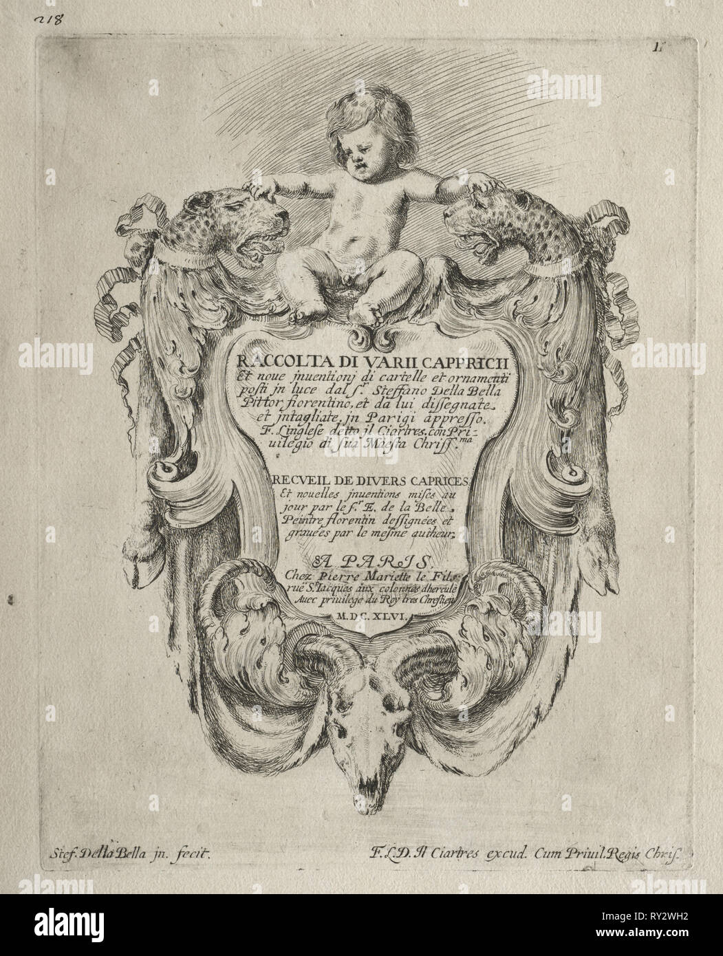Sammlung von verschiedenen Launen und neue Designs für Kartuschen und Ornamente: Nr. 1, Titel Seite. Stefano Della Bella (Italienisch, 1610-1664). Ätzen Stockfoto